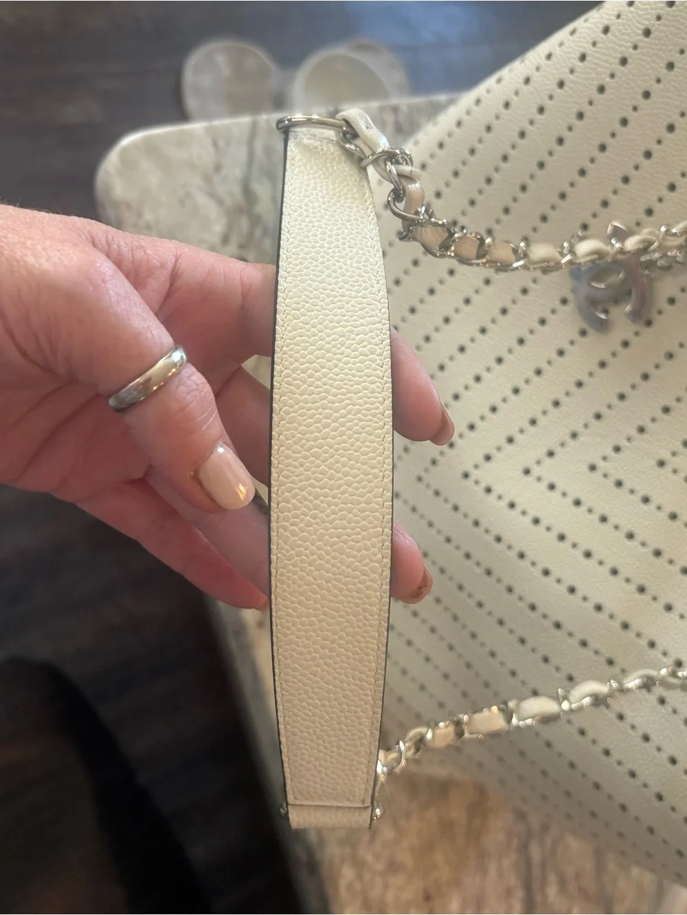 Chanel White Perforated Chevron Caviar Leather Shopping Tote Silver Hardware